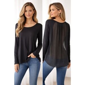 Clu Mixed Media Top‎ Womens Large Black Silk Sheer Back Cotton Knit Minimalist